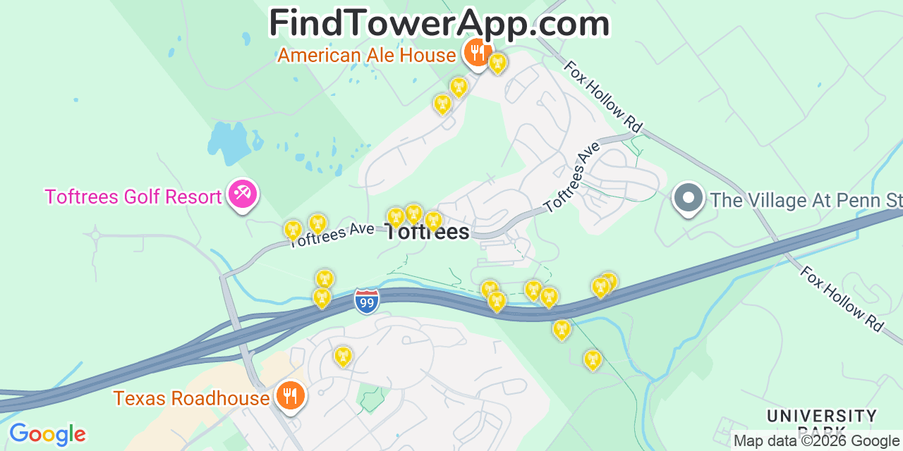 Map showing the 20 primary cell tower locations detected in Toftrees, Pennsylvania from AT&T, Verizon, and T-Mobile networks