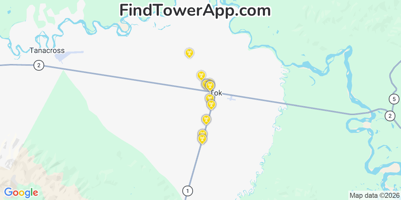 Map showing the 20 primary cell tower locations detected in Tok, Alaska from AT&T, Verizon, and T-Mobile networks