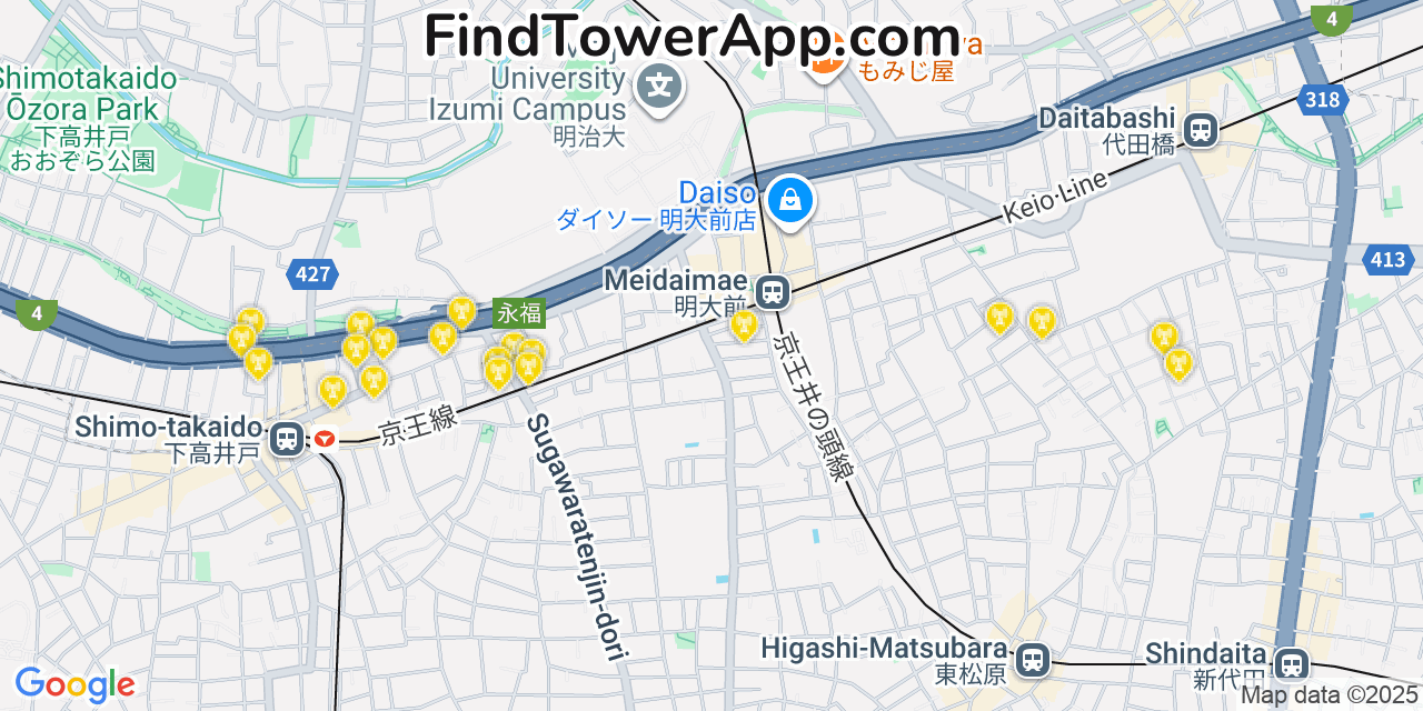 Map showing the 20 primary cell tower locations detected in Tokyo, Japan with coverage areas and signal strength