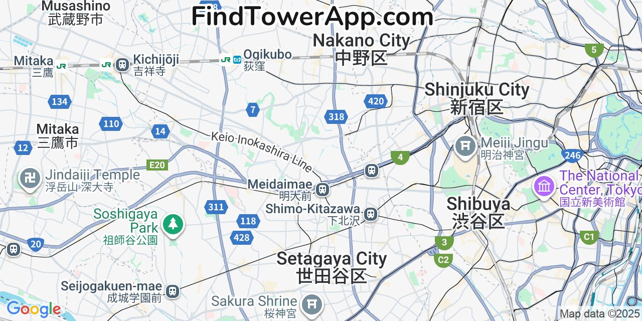 Map showing the 0 primary UQ-mobile cell tower locations detected in Tokyo, Japan with coverage radius and signal strength indicators