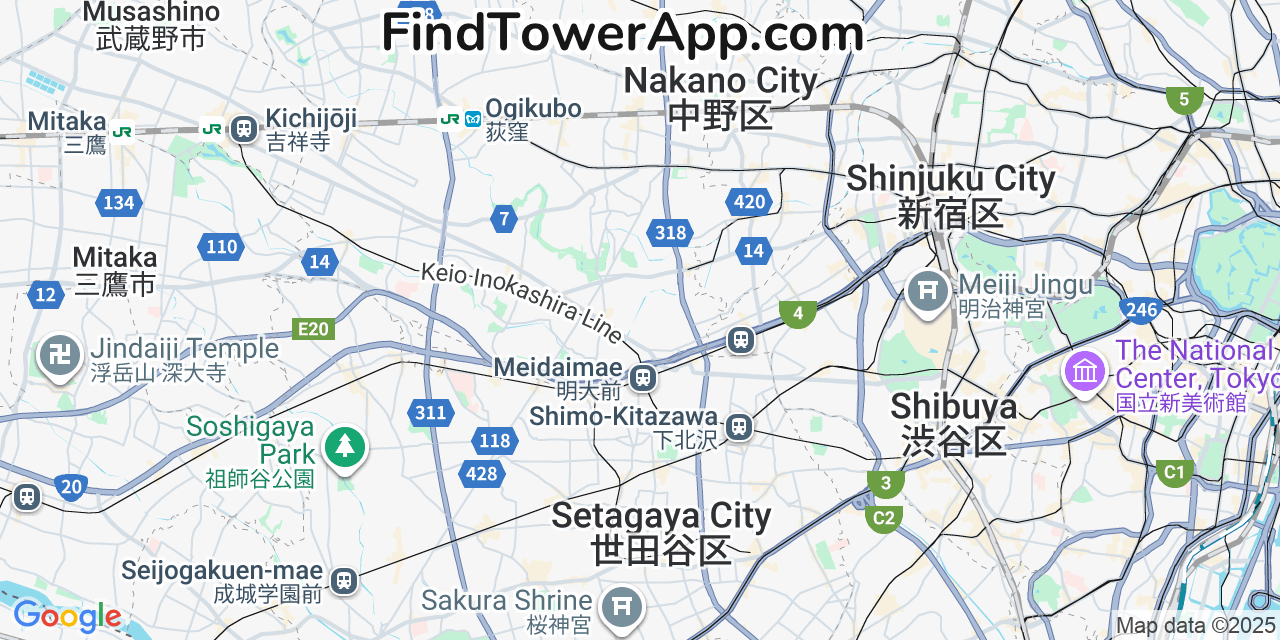 Map showing the 0 primary Wireless-City-Planning cell tower locations detected in Tokyo, Japan with coverage radius and signal strength indicators