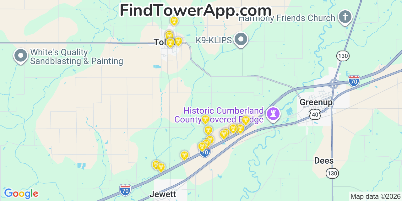 Map showing the 20 primary cell tower locations detected in Toledo, Illinois from AT&T, Verizon, and T-Mobile networks