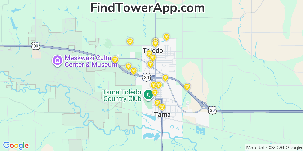 Map showing the 20 primary cell tower locations detected in Toledo, Iowa from AT&T, Verizon, and T-Mobile networks