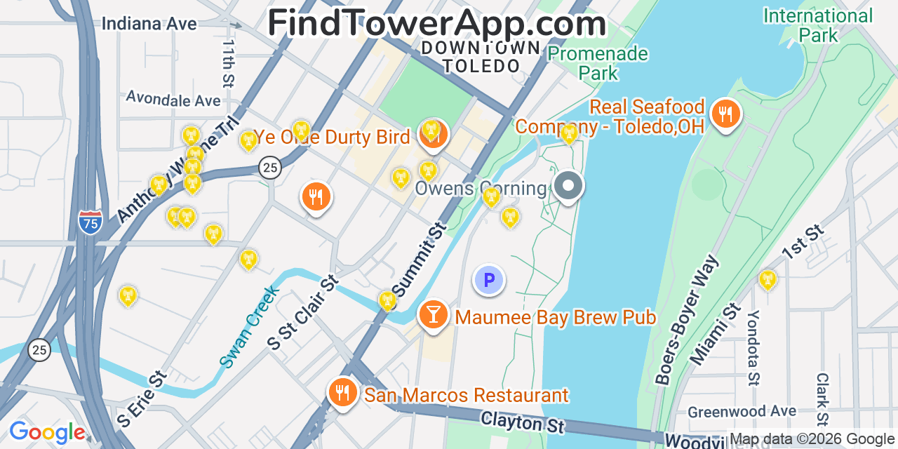 Map showing the 20 primary cell tower locations detected in Toledo, Ohio from AT&T, Verizon, and T-Mobile networks