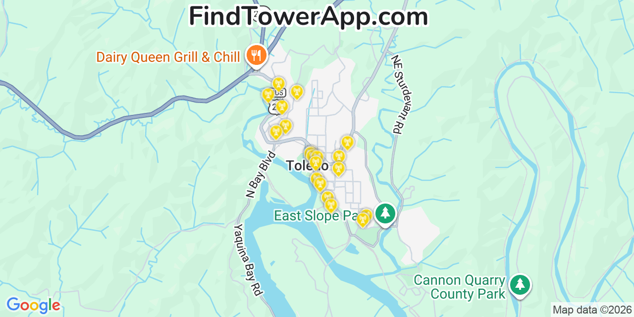 Map showing the 20 primary cell tower locations detected in Toledo, Oregon from AT&T, Verizon, and T-Mobile networks