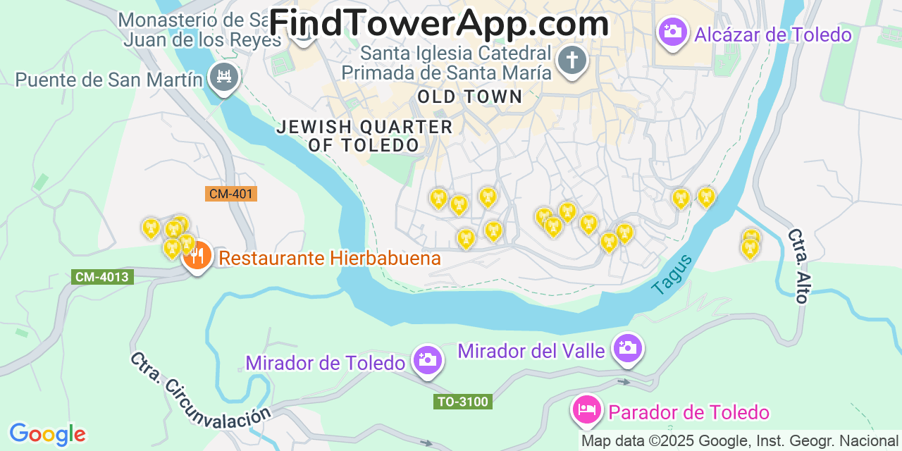 Map showing the 20 primary cell tower locations detected in Toledo, Spain with coverage areas and signal strength