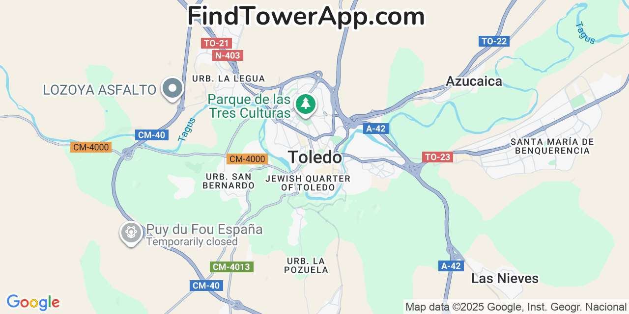 Map showing the 0 primary Vodafone cell tower locations detected in Toledo, Spain with coverage radius and signal strength indicators