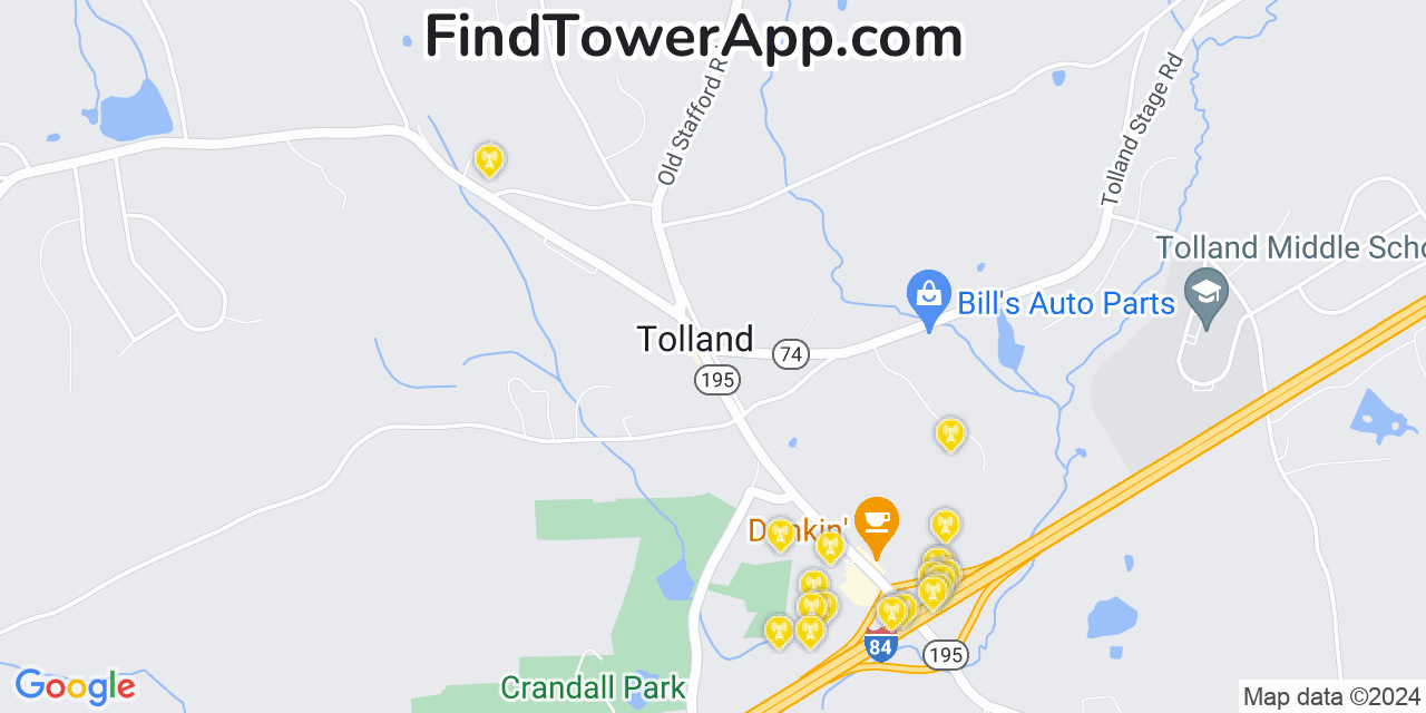 AT&T 4G/5G cell tower coverage map Tolland, Connecticut