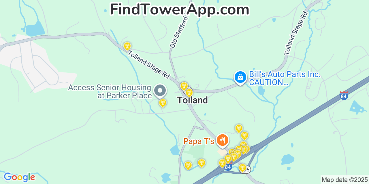Map showing the 20 primary cell tower locations detected in Tolland, Connecticut from AT&T, Verizon, and T-Mobile networks