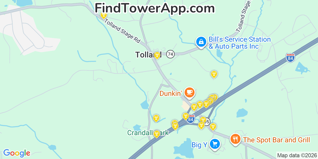 Map showing the 20 primary cell tower locations detected in Tolland, Connecticut from AT&T, Verizon, and T-Mobile networks