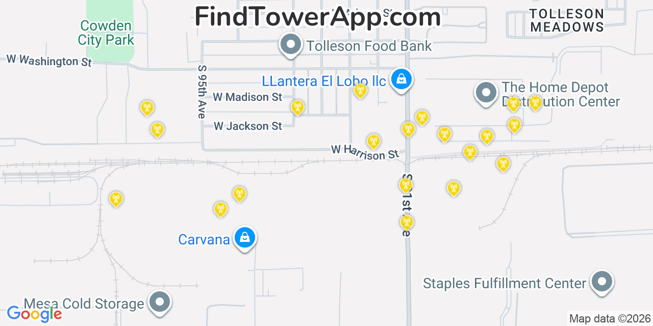 Map showing the 20 primary cell tower locations detected in Tolleson, Arizona from AT&T, Verizon, and T-Mobile networks
