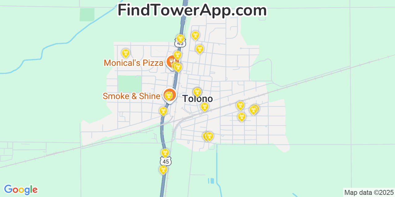 Map showing the 20 primary cell tower locations detected in Tolono, Illinois from AT&T, Verizon, and T-Mobile networks