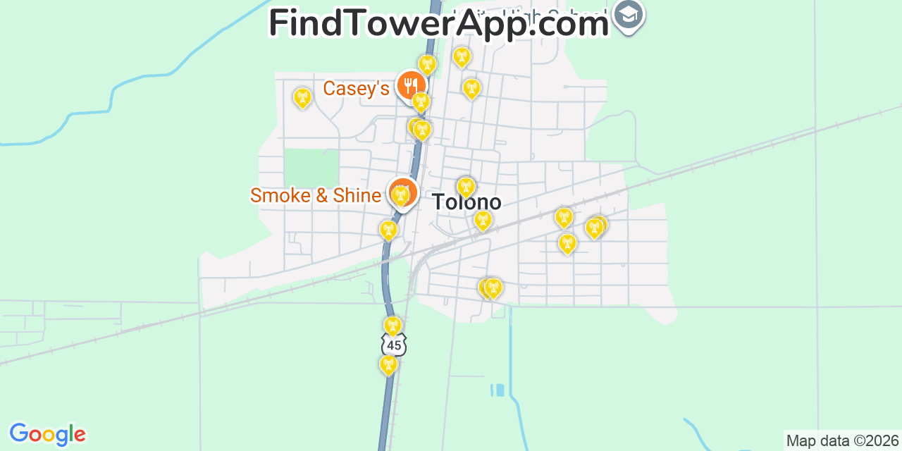 Map showing the 20 primary cell tower locations detected in Tolono, Illinois from AT&T, Verizon, and T-Mobile networks