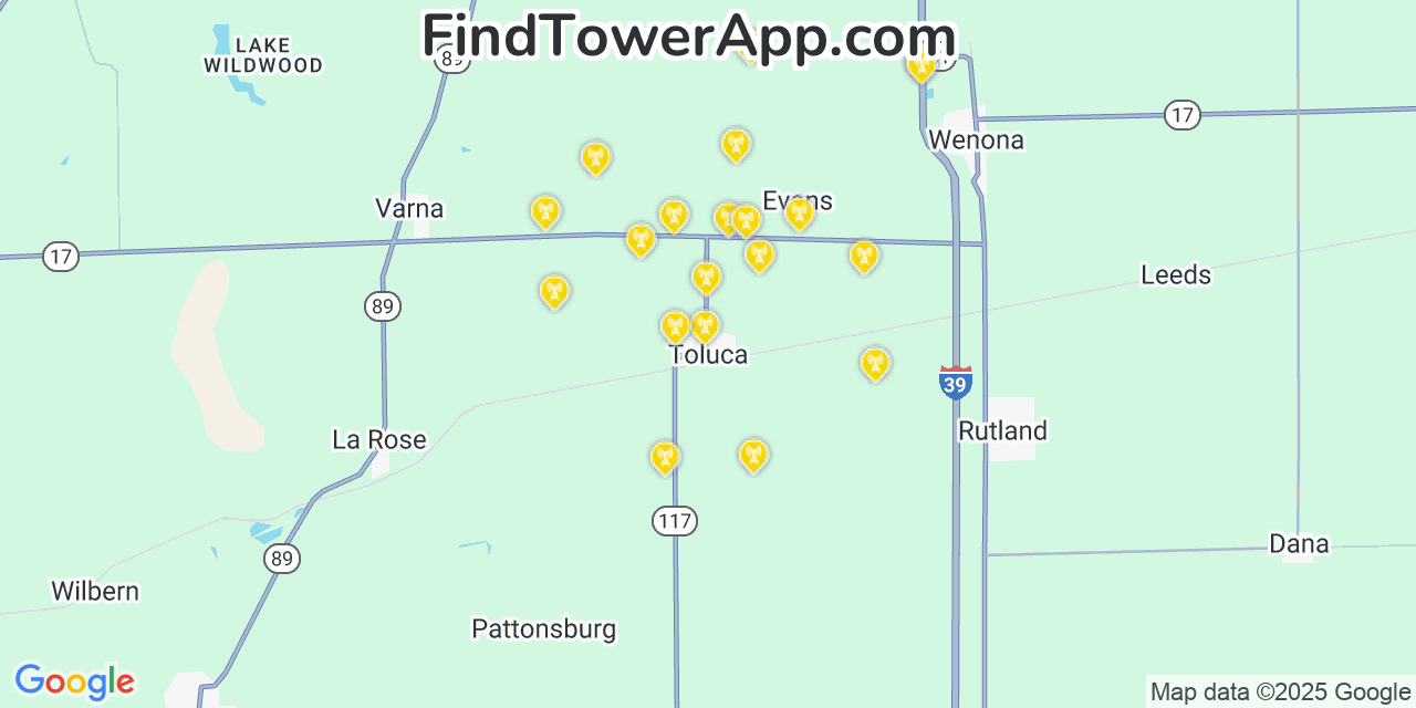 Map showing the 20 primary cell tower locations detected in Toluca, Illinois from AT&T, Verizon, and T-Mobile networks