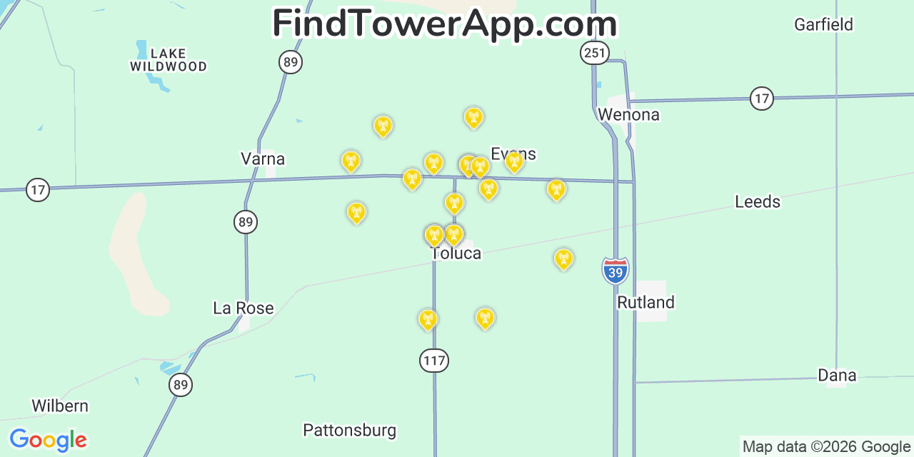 Map showing the 20 primary cell tower locations detected in Toluca, Illinois from AT&T, Verizon, and T-Mobile networks