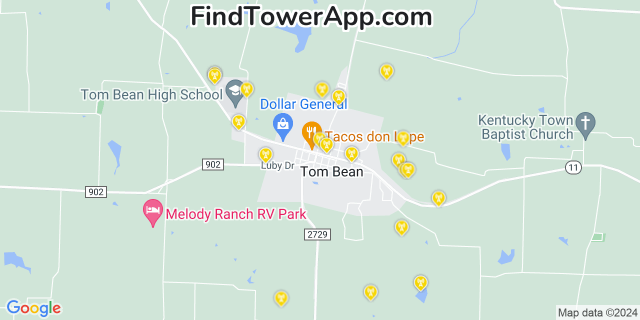 AT&T 4G/5G cell tower coverage map Tom Bean, Texas
