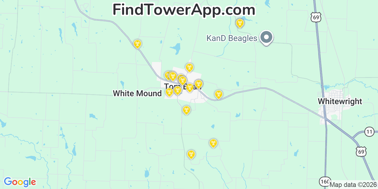 Map showing the 20 primary cell tower locations detected in Tom Bean, Texas from AT&T, Verizon, and T-Mobile networks