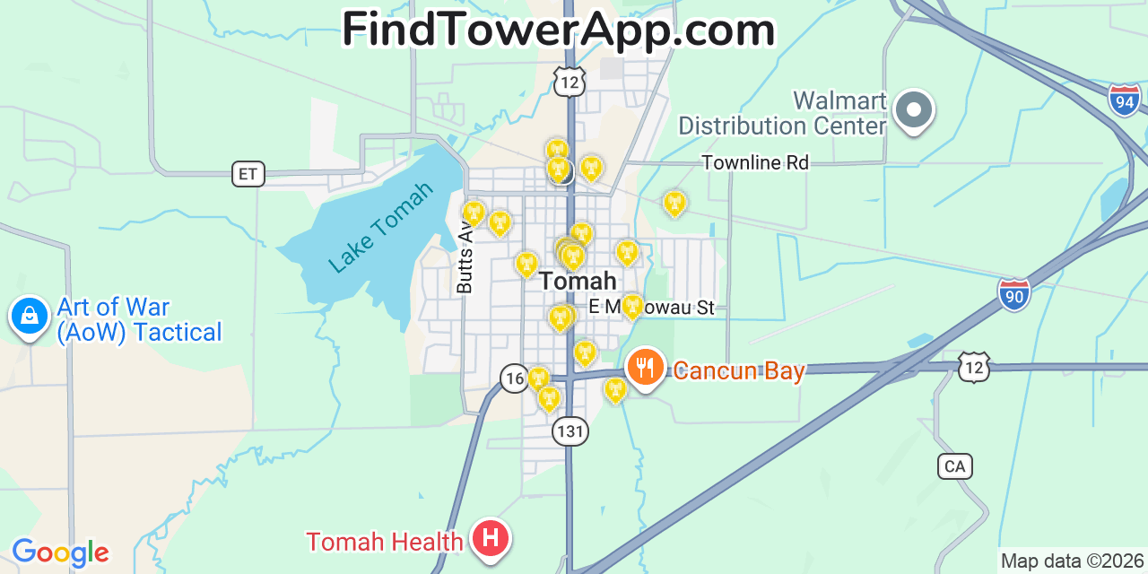 Map showing the 20 primary cell tower locations detected in Tomah, Wisconsin from AT&T, Verizon, and T-Mobile networks
