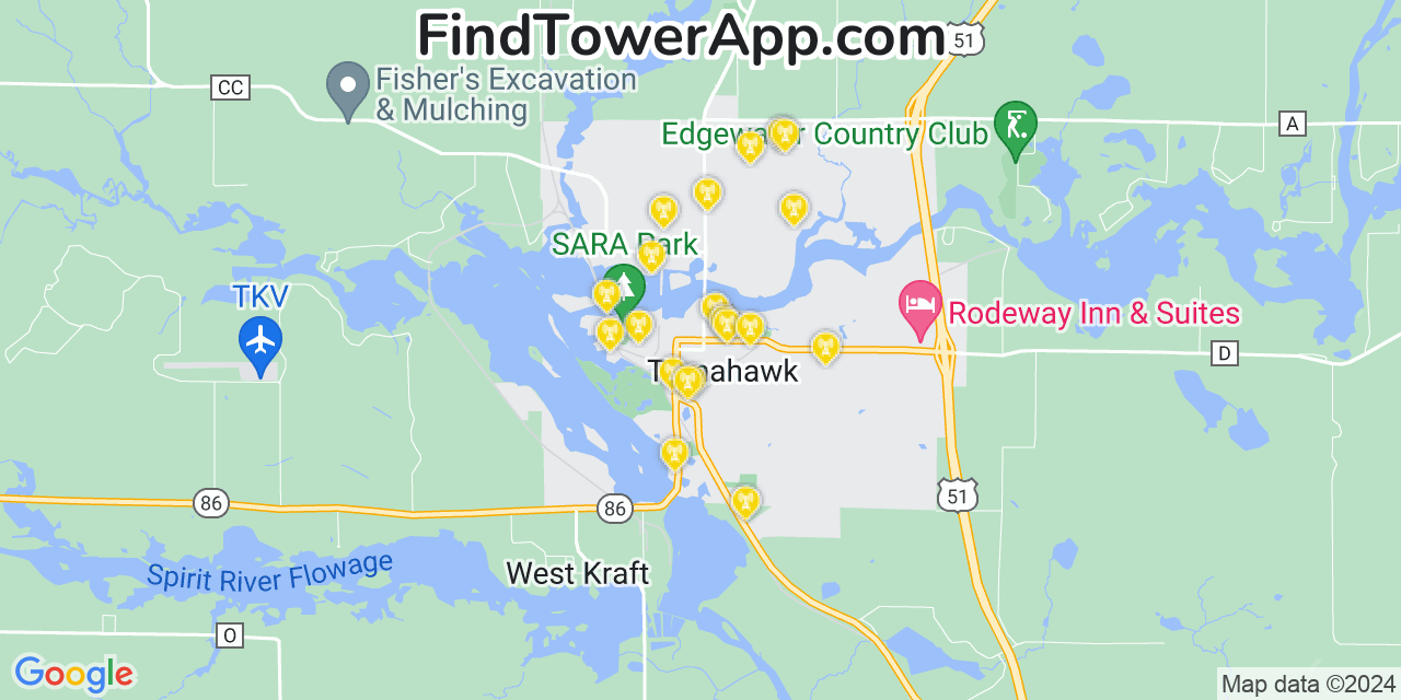 AT&T 4G/5G cell tower coverage map Tomahawk, Wisconsin