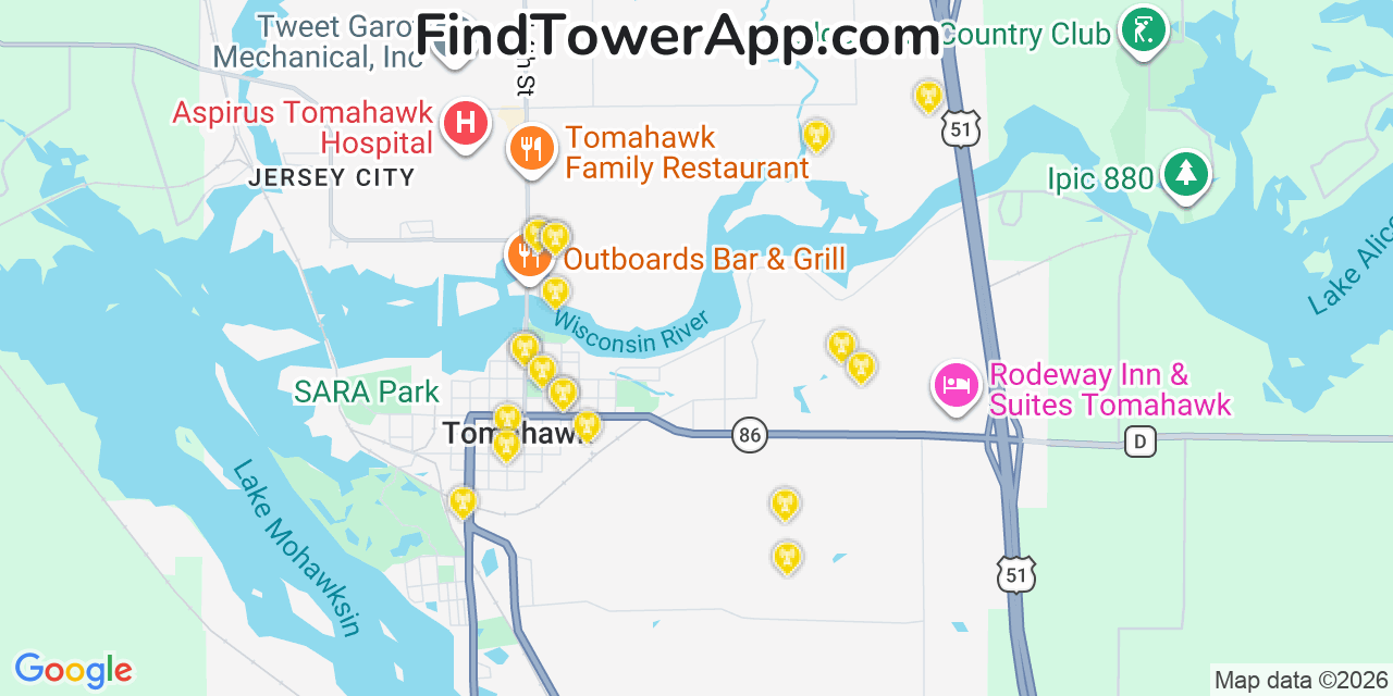 Map showing the 20 primary cell tower locations detected in Tomahawk, Wisconsin from AT&T, Verizon, and T-Mobile networks