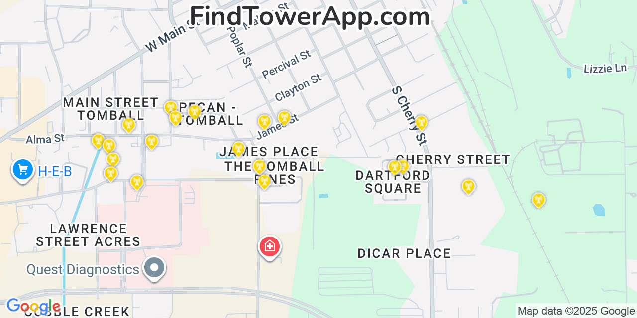 Map showing the 20 primary cell tower locations detected in Tomball, Texas from AT&T, Verizon, and T-Mobile networks
