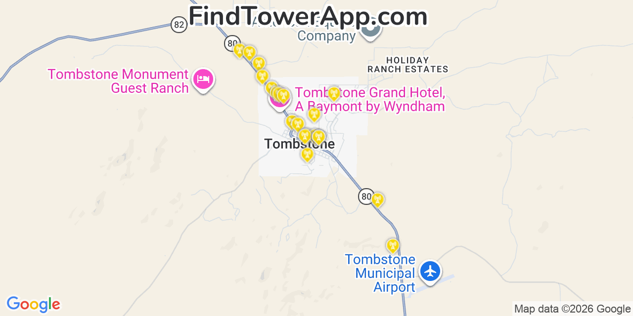Map showing the 20 primary cell tower locations detected in Tombstone, Arizona from AT&T, Verizon, and T-Mobile networks