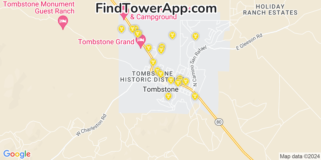 Verizon 4G/5G cell tower coverage map Tombstone, Arizona