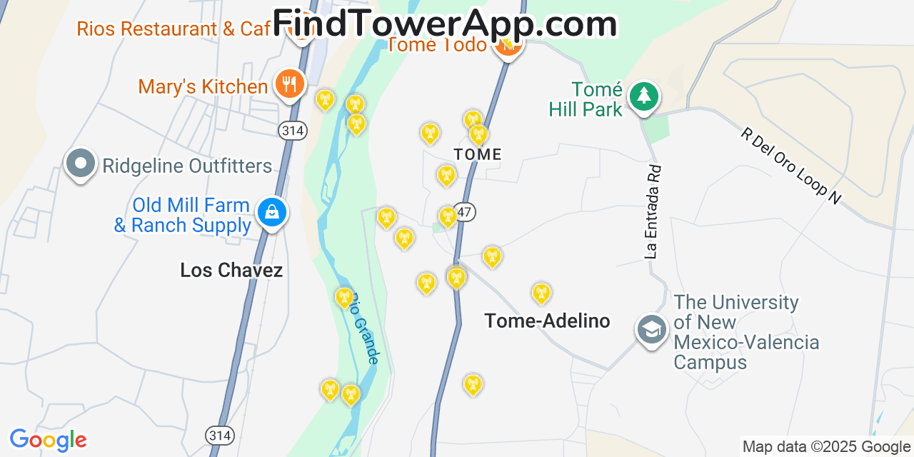 Map showing the 20 primary cell tower locations detected in Tome, New Mexico from AT&T, Verizon, and T-Mobile networks