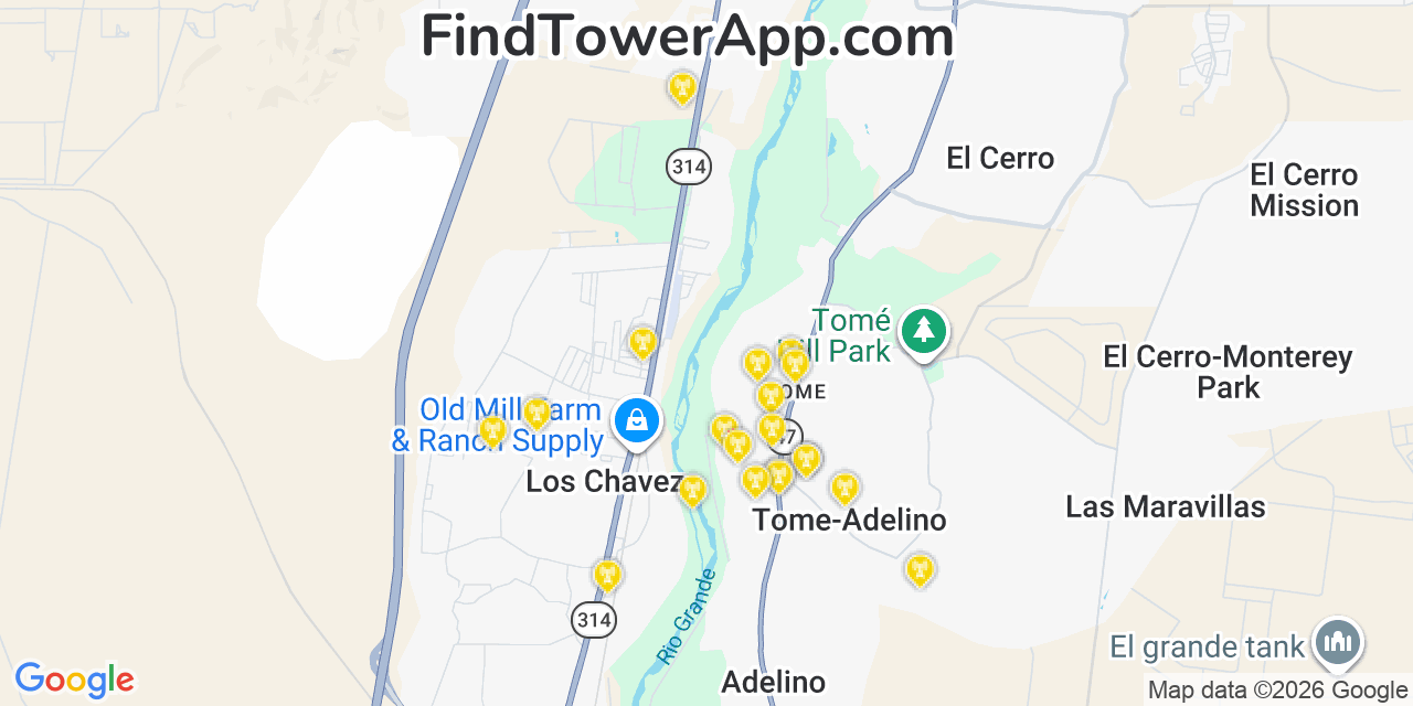Map showing the 20 primary cell tower locations detected in Tome, New Mexico from AT&T, Verizon, and T-Mobile networks