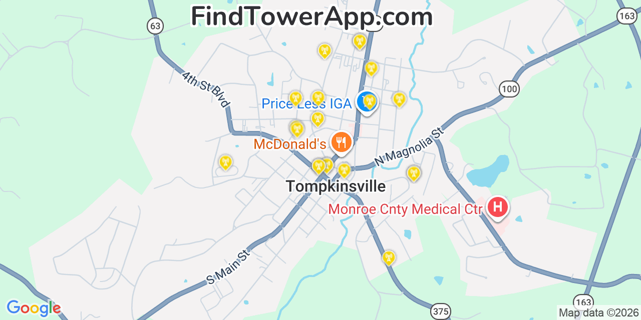 Map showing the 20 primary cell tower locations detected in Tompkinsville, Kentucky from AT&T, Verizon, and T-Mobile networks
