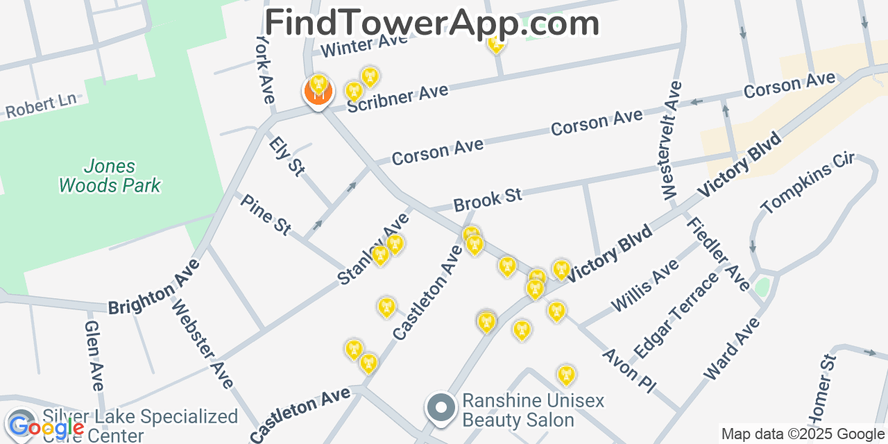 Map showing the 20 primary cell tower locations detected in Tompkinsville, New York from AT&T, Verizon, and T-Mobile networks