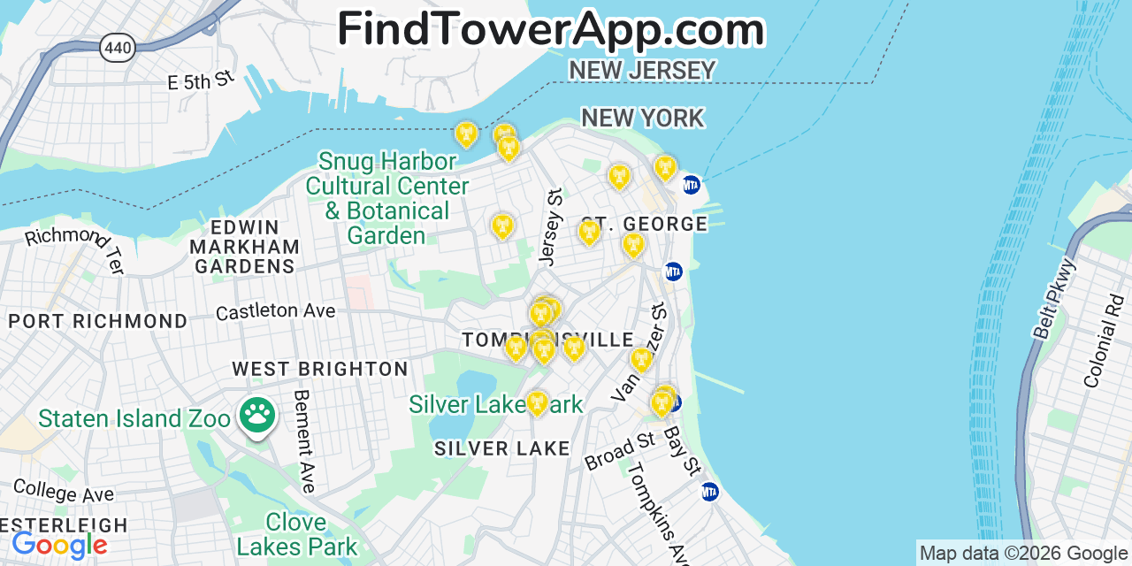 Map showing the 20 primary cell tower locations detected in Tompkinsville, New York from AT&T, Verizon, and T-Mobile networks