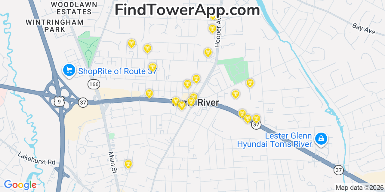 Map showing the 20 primary cell tower locations detected in Toms River, New Jersey from AT&T, Verizon, and T-Mobile networks