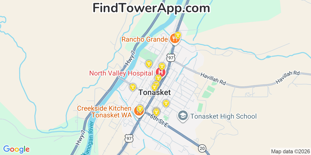 Map showing the 20 primary cell tower locations detected in Tonasket, Washington from AT&T, Verizon, and T-Mobile networks