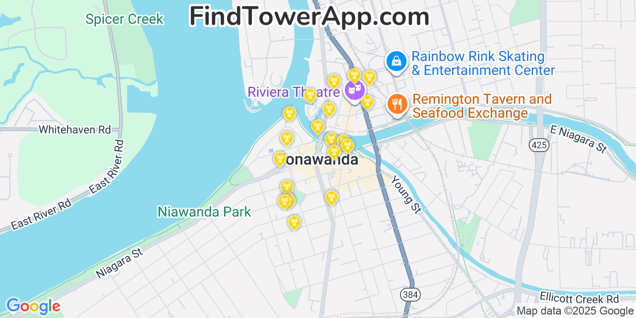 Map showing the 20 primary cell tower locations detected in Tonawanda, New York from AT&T, Verizon, and T-Mobile networks