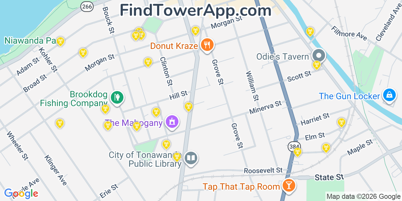 Map showing the 20 primary cell tower locations detected in Tonawanda, New York from AT&T, Verizon, and T-Mobile networks