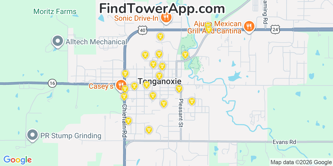 Map showing the 20 primary cell tower locations detected in Tonganoxie, Kansas from AT&T, Verizon, and T-Mobile networks