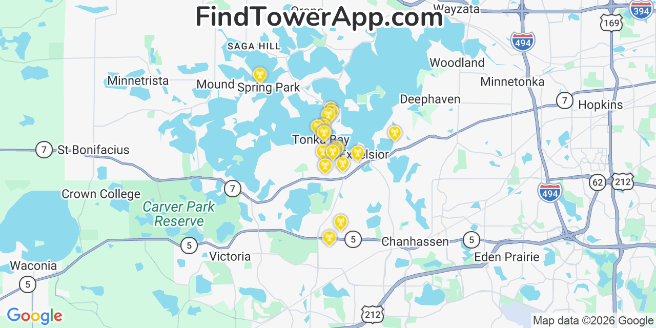 Map showing the 20 primary cell tower locations detected in Tonka Bay, Minnesota from AT&T, Verizon, and T-Mobile networks