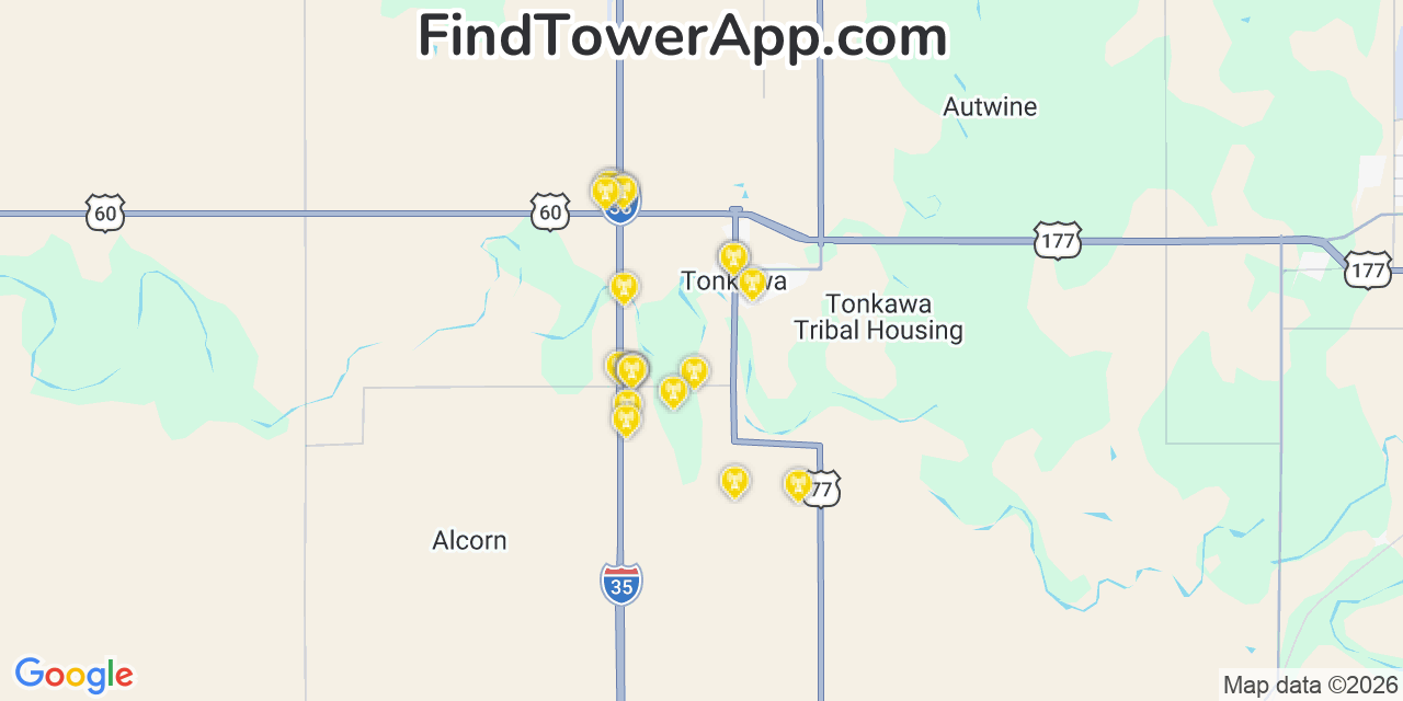 Map showing the 20 primary cell tower locations detected in Tonkawa, Oklahoma from AT&T, Verizon, and T-Mobile networks