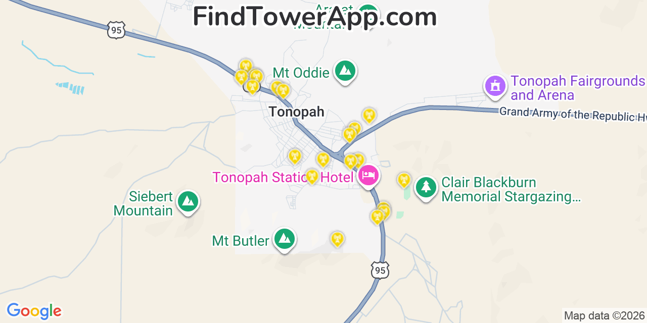 Map showing the 20 primary cell tower locations detected in Tonopah, Nevada from AT&T, Verizon, and T-Mobile networks