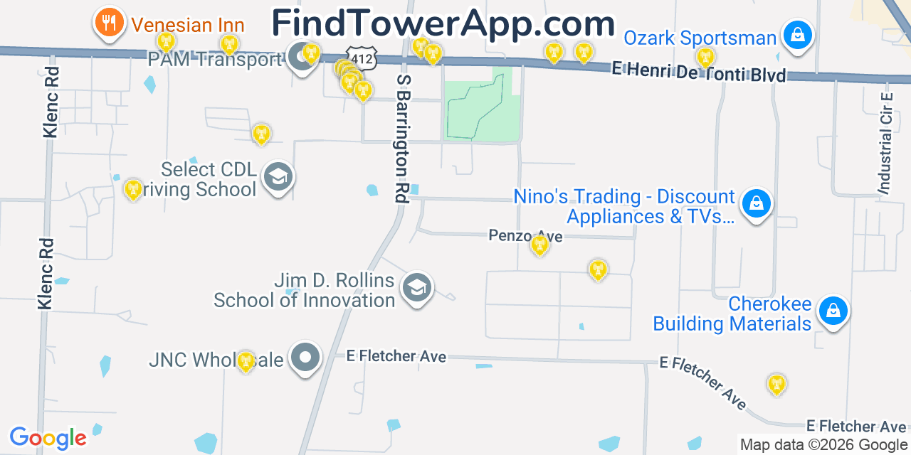 Map showing the 20 primary cell tower locations detected in Tontitown, Arkansas from AT&T, Verizon, and T-Mobile networks