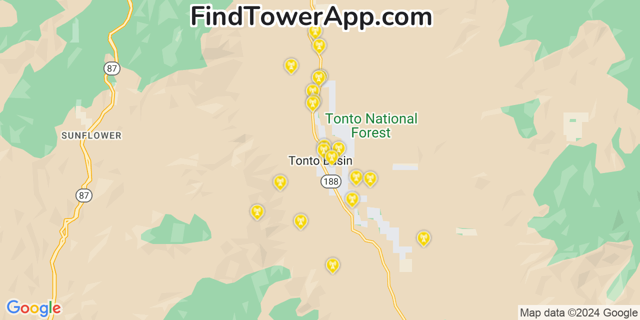 AT&T 4G/5G cell tower coverage map Tonto Basin, Arizona