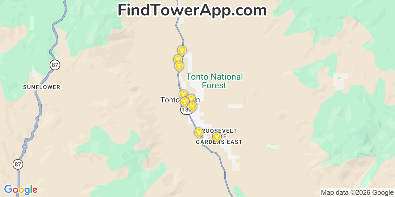 Map showing the 20 primary cell tower locations detected in Tonto Basin, Arizona from AT&T, Verizon, and T-Mobile networks