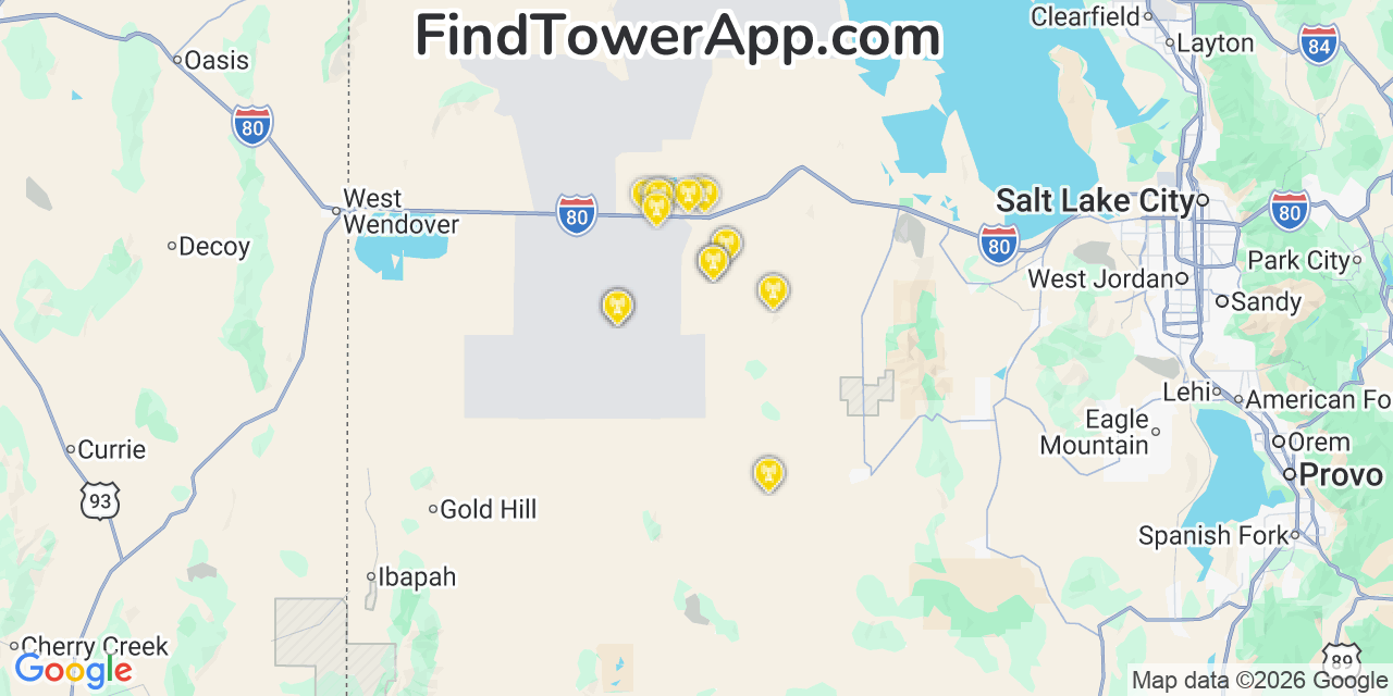Map showing the 20 primary cell tower locations detected in Tooele, Utah from AT&T, Verizon, and T-Mobile networks