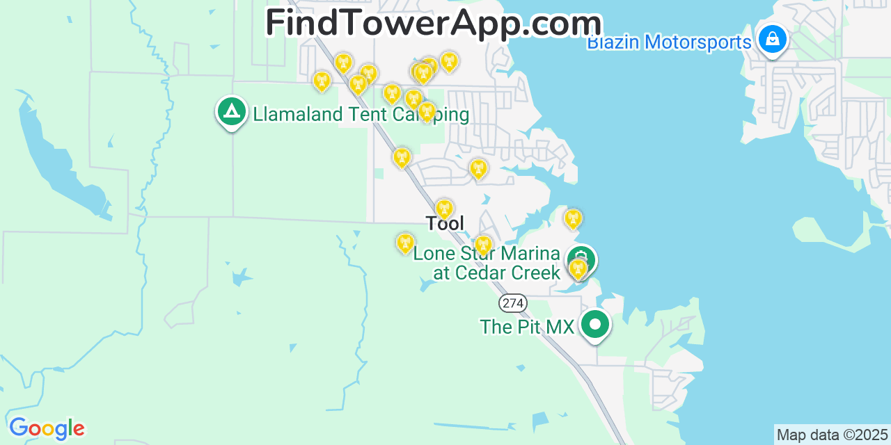 Map showing the 20 primary cell tower locations detected in Tool, Texas from AT&T, Verizon, and T-Mobile networks