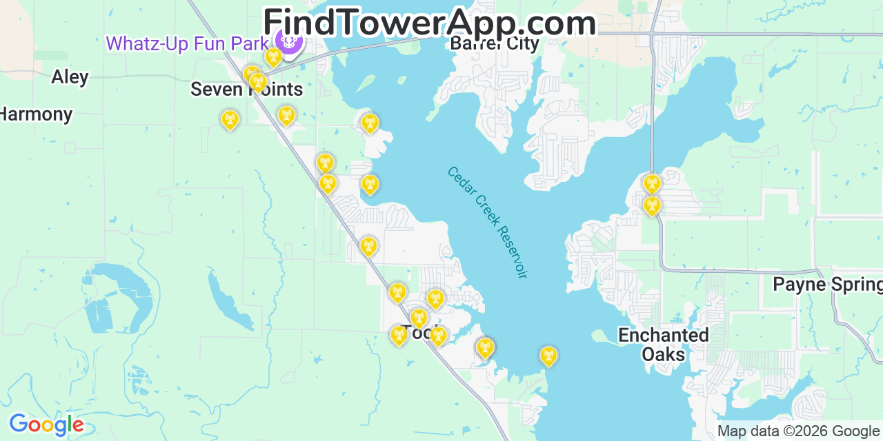 Map showing the 20 primary cell tower locations detected in Tool, Texas from AT&T, Verizon, and T-Mobile networks