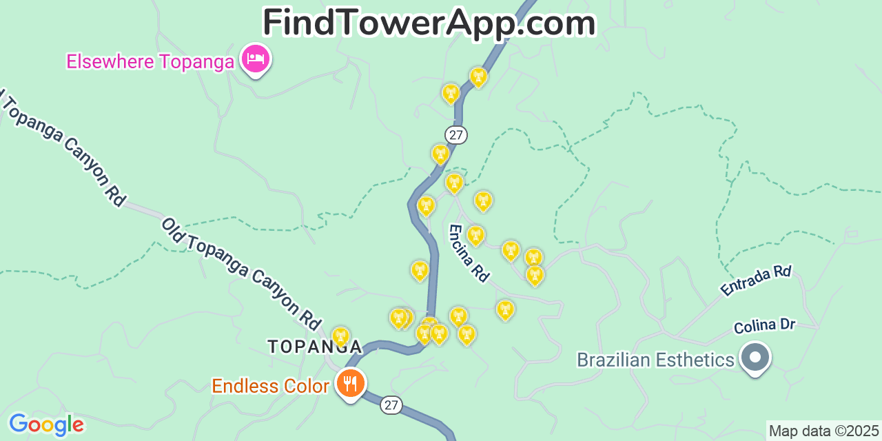 Map showing the 20 primary cell tower locations detected in Topanga, California from AT&T, Verizon, and T-Mobile networks
