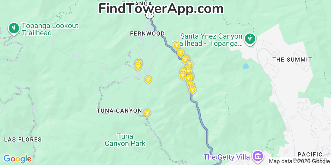 Map showing the 20 primary cell tower locations detected in Topanga, California from AT&T, Verizon, and T-Mobile networks