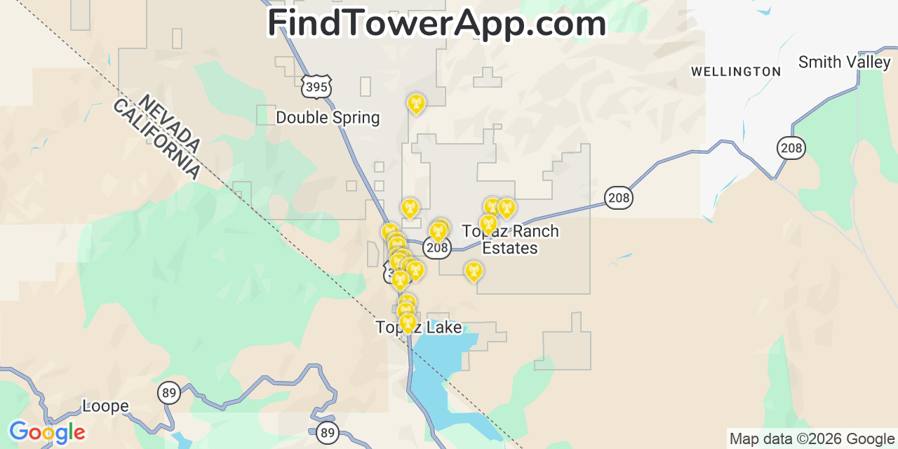 Map showing the 20 primary cell tower locations detected in Topaz Ranch Estates, Nevada from AT&T, Verizon, and T-Mobile networks
