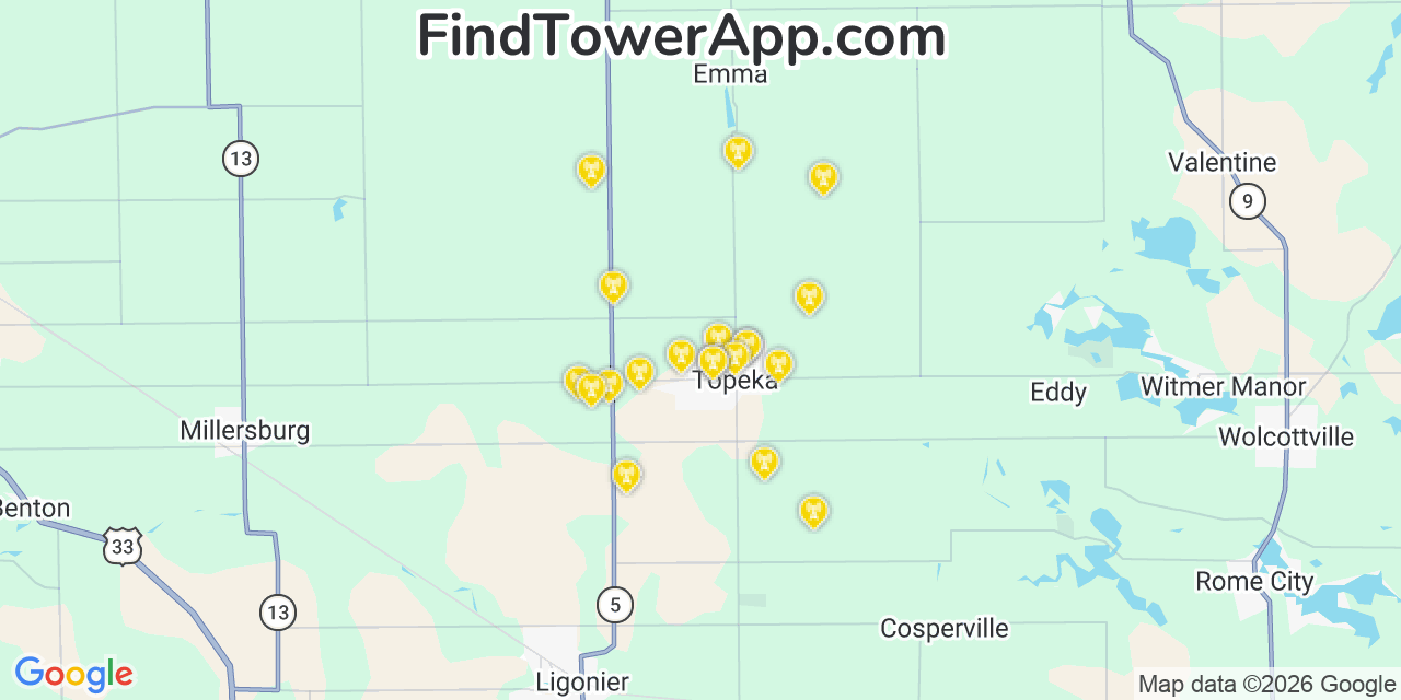 Map showing the 20 primary cell tower locations detected in Topeka, Indiana from AT&T, Verizon, and T-Mobile networks